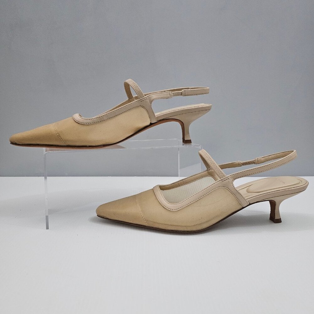 Vince Venice Slingback Kitten Heel Sandal Womens 9 Birch Sand Mesh Leather - Picture 2 of 15